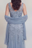 Vestido de Madre de la Novia, Tul Gris Azul, Con Escote en V A Line