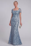 Vestido largo de Madre de la Novia con Encaje Floral Gris Azul, Lentejuelas