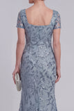 Vestido largo de Madre de la Novia con Encaje Floral Gris Azul, Lentejuelas