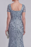 Vestido largo de Madre de la Novia con Encaje Floral Gris Azul, Lentejuelas