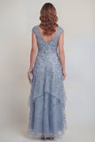 Vestido largo de Madre de la Novia con mangas y mangas de encaje gris azul encaje