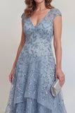 Vestido largo de Madre de la Novia con mangas y mangas de encaje gris azul encaje