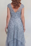 Vestido largo de Madre de la Novia con mangas y mangas de encaje gris azul encaje