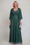 Encaje azul marino floral línea A Líneas de lentejuelas Vestido largo de madre de la novia con chaqueta