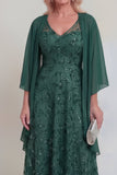 Encaje azul marino floral línea A Líneas de lentejuelas Vestido largo de madre de la novia con chaqueta