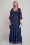 Encaje azul marino floral línea A Líneas de lentejuelas Vestido largo de madre de la novia con chaqueta