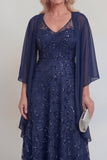 Encaje azul marino floral línea A Líneas de lentejuelas Vestido largo de madre de la novia con chaqueta