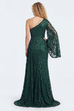 Vestido largo de Madre de la Novia de encaje verde oscuro de un hombro con mangas