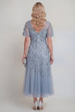 Vestido largo de Madre de la Novia con Tul de Tul Gris Azul, Lentejuelas Florales de Escote en V y Mangas