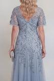 Vestido largo de Madre de la Novia con Tul de Tul Gris Azul, Lentejuelas Florales de Escote en V y Mangas
