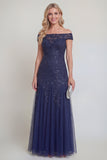 Tul azul marino con lentejuelas florales caídas del hombro Largo vestido de madre de la novia
