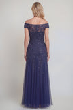 Tul azul marino con lentejuelas florales caídas del hombro Largo vestido de madre de la novia