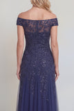 Tul azul marino con lentejuelas florales caídas del hombro Largo vestido de madre de la novia