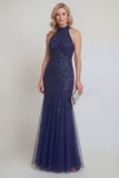 Tul azul marino con lentejuelas florales Vestido de sirena largo de sirena