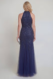 Tul azul marino con lentejuelas florales Vestido de sirena largo de sirena