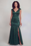 Vestido largo de sirena de sirena verde salvia con escote en V y abertura