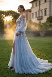 Vestido de graduación azul claro Sweetheart A-line floral con aplicación y corte con abertura