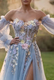 Vestido de graduación azul claro Sweetheart A-line floral con aplicación y corte con abertura