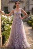 Vestido largo de graduación largo de tul de tul gris morado con apliqués florales y aplicada