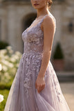 Vestido largo de graduación largo de tul de tul gris morado con apliqués florales y aplicada