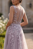 Vestido largo de graduación largo de tul de tul gris morado con apliqués florales y aplicada