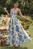 Vestido largo de invitado de novia de flores de naciso azul en línea A, tirantes y estampado de flores,