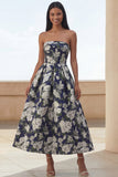 Vestido largo de invitado de novia de flores de naciso azul en línea A, tirantes y estampado de flores,