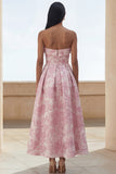 Vestido largo de invitado de novia de flores de naciso azul en línea A, tirantes y estampado de flores,