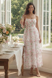 Vestido floral largo de tirantes finos en línea fina de flores blancas rosadas
