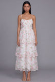 Vestido floral largo de tirantes finos en línea fina de flores blancas rosadas