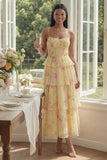 Vestido floral largo de tirantes finos en línea fina de flores blancas rosadas
