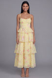 Vestido floral largo de tirantes finos en línea fina de flores blancas rosadas