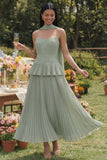 Vestido midi sin tirantes plisados plisados y volantes A-Line Dusty Sage con bufanda al cuello
