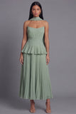 Vestido midi sin tirantes plisados plisados y volantes A-Line Dusty Sage con bufanda al cuello