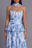 Vestido midi sin tirantes plisados plisados y volantes A-Line Dusty Sage con bufanda al cuello