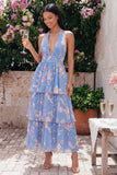 Vestido largo floral con cuello halter, cuello halter, en niveles y lazo, azul rosa