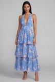 Vestido largo floral con cuello halter, cuello halter, en niveles y lazo, azul rosa