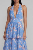 Vestido largo floral con cuello halter, cuello halter, en niveles y lazo, azul rosa