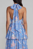 Vestido largo floral con cuello halter, cuello halter, en niveles y lazo, azul rosa