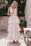 Vestido largo floral con cuello halter, cuello halter, en niveles y lazo, azul rosa