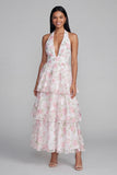 Vestido largo floral con cuello halter, cuello halter, en niveles y lazo, azul rosa