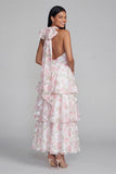 Vestido largo floral con cuello halter, cuello halter, en niveles y lazo, azul rosa