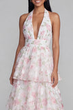 Vestido largo floral con cuello halter, cuello halter, en niveles y lazo, azul rosa