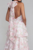 Vestido largo floral con cuello halter, cuello halter, en niveles y lazo, azul rosa