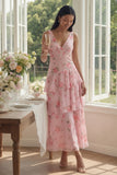 Vestido largo de invitado de invitado largo de chiffon rosa de gasa en V, con escote en V y florales con volantes