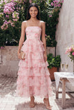 Vestido largo de invitado de boda rosa sin tirantes de gasa floral con estampado floral