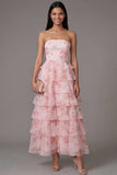 Vestido largo de invitado de boda rosa sin tirantes de gasa floral con estampado floral