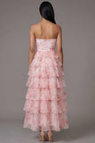 Vestido largo de invitado de boda rosa sin tirantes de gasa floral con estampado floral