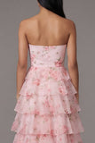 Vestido largo de invitado de boda rosa sin tirantes de gasa floral con estampado floral