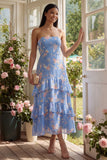 Vestido largo de invitado de boda, sin tirantes florales estampados en tirantes azul gasa